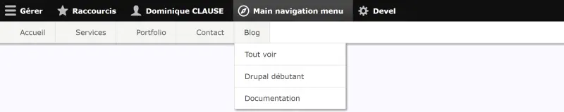Toolbar avec un nouvel onglet actif affichant le menu principal du site